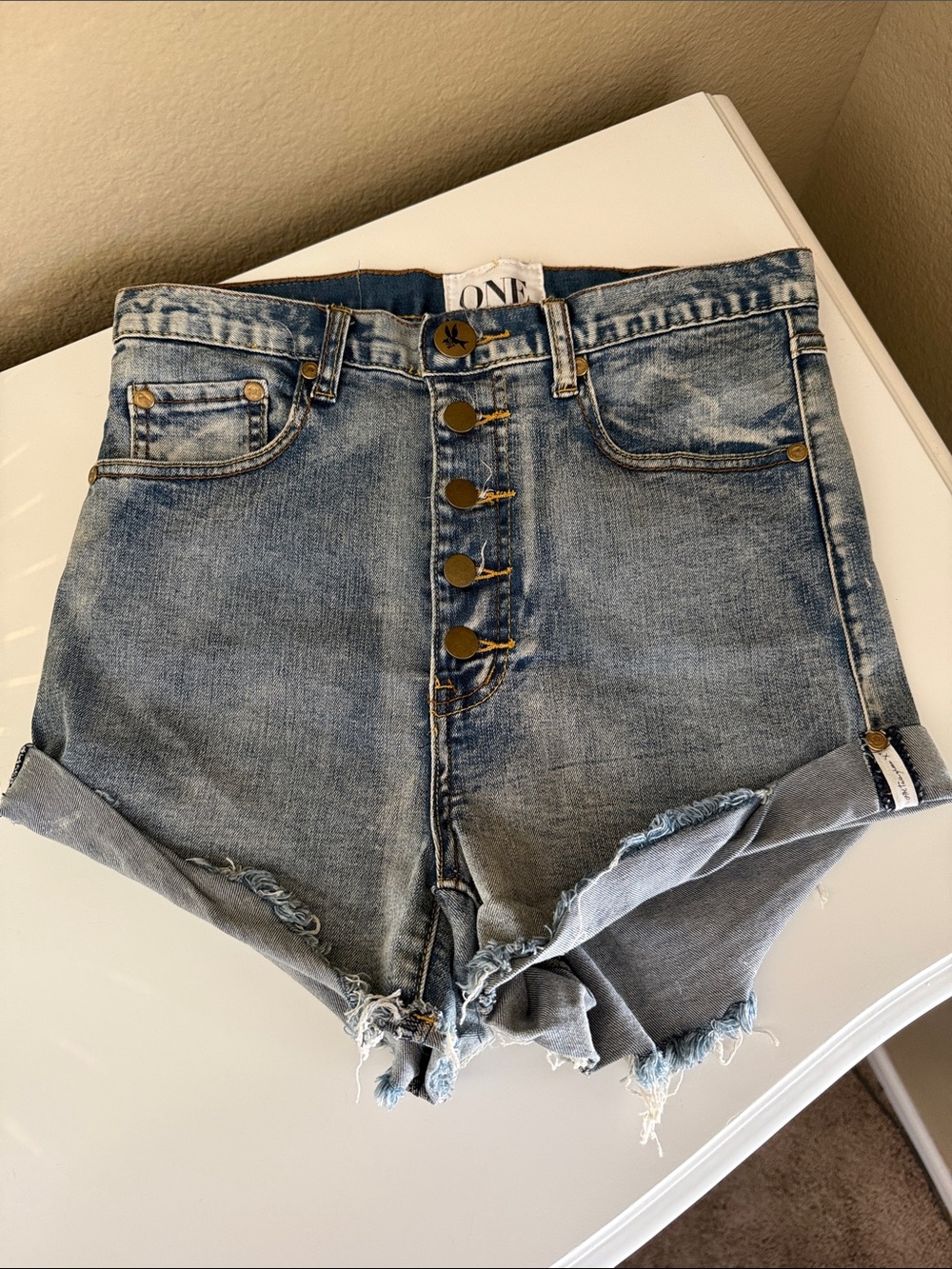 One Teaspoon Lovers Light Blue High-Waist Button-Fly Denim Shorts